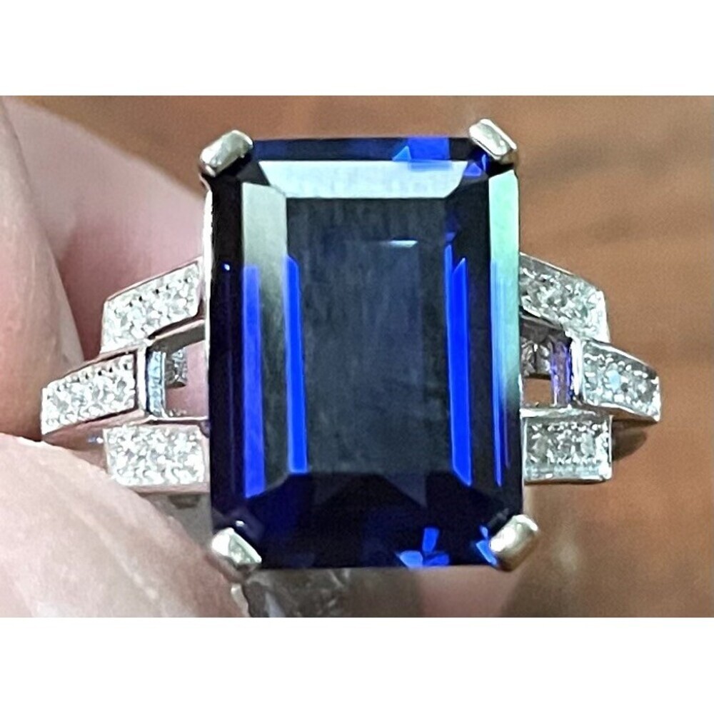 Genuine Emerald Cut Lab-Created Sapphire Set in Ring 925 Sterling Silver - Picture 7 of 13